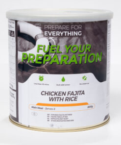 Noodrantsoen Kip Fajita met rijst (GROOT blik, 8 maaltijden, 25 jaar houdbaar)
